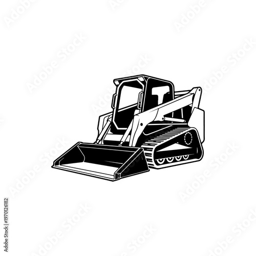 A black and white vector illustration of a compact track loader with a front bucket. A clean, industrial silhouette perfect for construction and earthmoving branding.