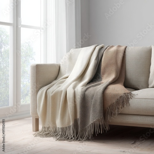 Cozy Textured Throw Blanket on Modern Sofa by Window