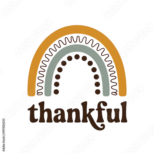 A colorful layered rainbow illustration with the word thankful below