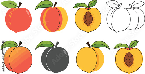 Vector Illustration Set of Peaches in Different Poses and Colors, Including Whole and Sliced Peaches, for Fruit, Food, and Graphic Design