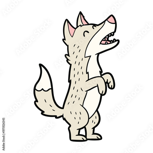 Cartoon illustration of a happy grey wolf standing on its hind legs and howling joyfully