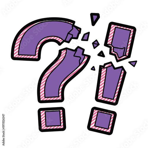 Broken question mark and exclamation mark symbols with purple fill and pink striped border