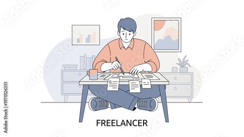 Freelancer working at home, focused on tasks, modern illustration, remote work concept