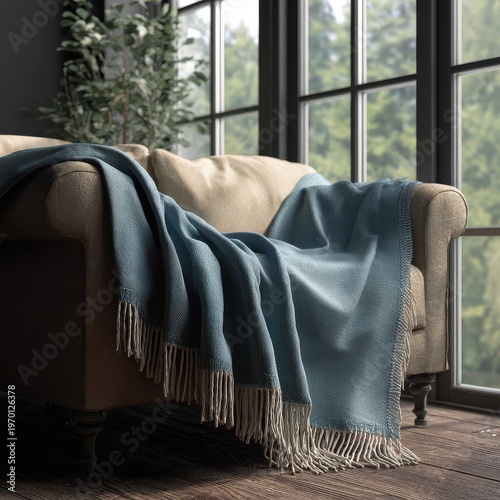 Cozy Beige Sofa with Blue Textured Throw Blanket by Large Windows