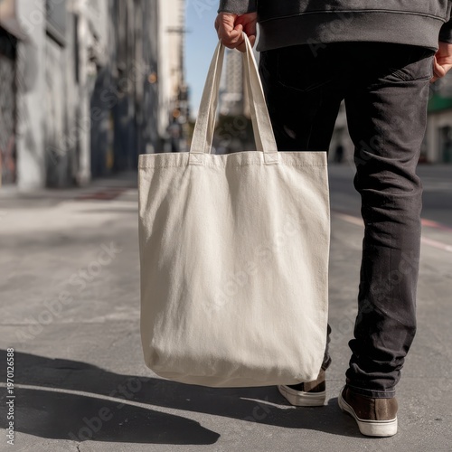Person Holding Large Beige Tote Bag on City Street