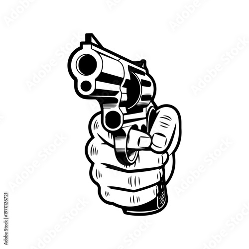 A black and white vector illustration of a hand gripping a revolver, aimed directly forward. A powerful and intense perspective silhouette for tactical or action themes.