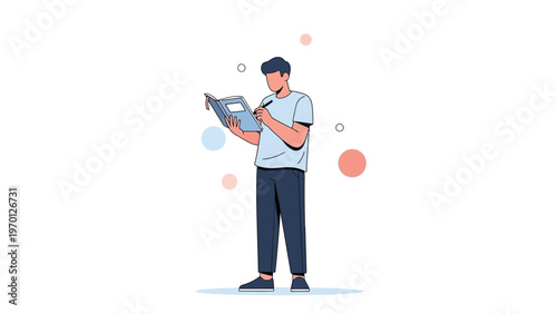 Young man writing in a notebook, studying, planning, or journaling, minimalist illustration