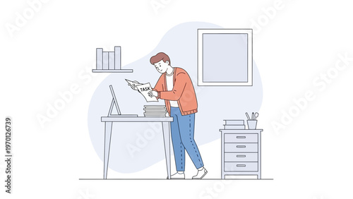 Young man studying documents at a desk with laptop and books, modern home office.