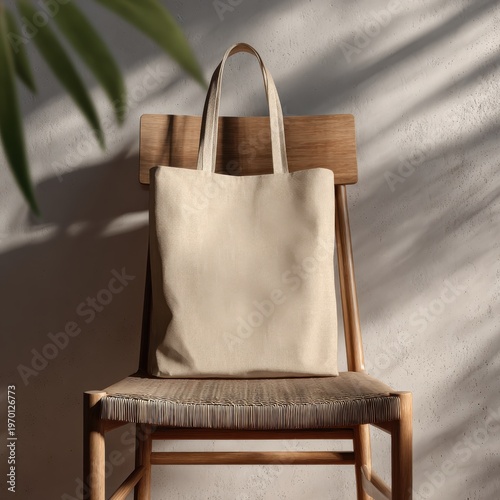Light Beige Tote Bag on Wooden Chair with Natural Lighting