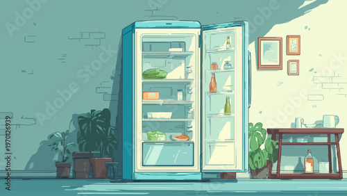 Organized Blue Refrigerator Illustration for Frugal Lifestyle