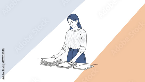 Young woman organizing documents and papers on a desk, minimalist illustration