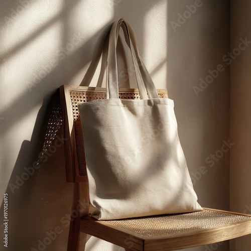 White Woven Tote Bag on Wicker Chair in Sunlit Room