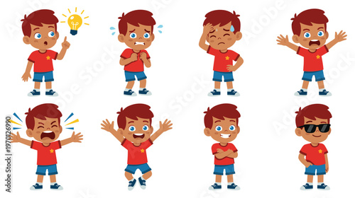 Cartoon boy character poses with various emotions and body language.