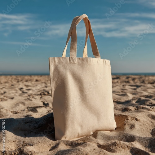 Cream Tote Bag on Sandy Beach with Ocean Background