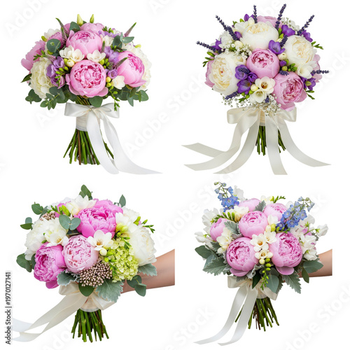 Four wedding bouquets with pink peonies and white flowers