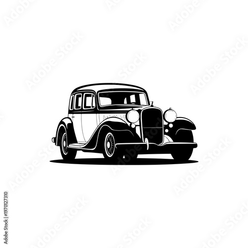 A black and white vector illustration of a classic 1930s-style coupe car. This elegant vintage silhouette is perfect for automotive history and retro design branding.