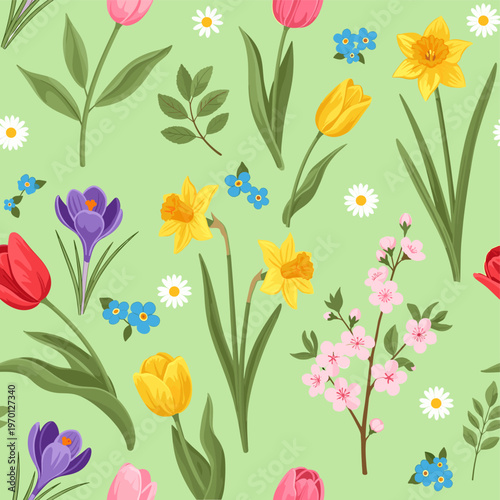 A vibrant seamless pattern featuring a variety of blooming spring flowers including tulips, daffodils, crocuses, forget-me-nots, and cherry blossoms on a light green background.