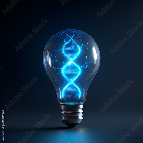 A futuristic light bulb containing a glowing blue DNA double helix, symbolizing innovation in genetics, biotechnology, and scientific research. Shot against a dark background.