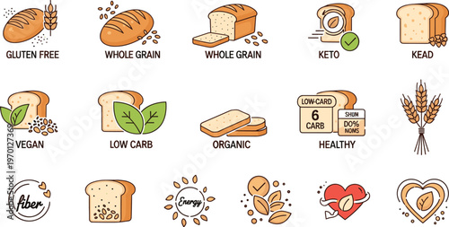 Healthy bread icons collection with gluten free vegan keto whole grain and organic labels, bakery nutrition badges vector set isolated on white background