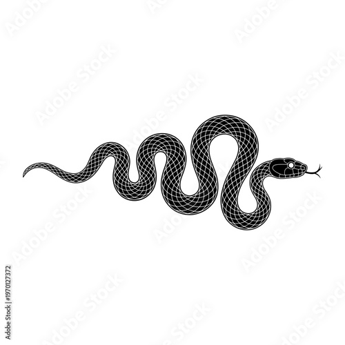 A black and white vector illustration of a slithering snake with detailed scale patterns and a flicking tongue. A clean, serpentine silhouette for nature or tattoo art.
