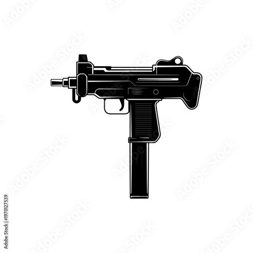 A black and white vector illustration of a compact submachine gun. This detailed side-profile silhouette is ideal for tactical, military, and gaming-related branding.