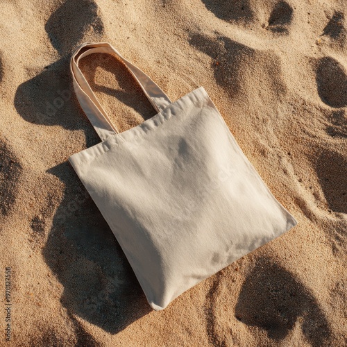 Light Beige Tote Bag with Natural Handle on Sandy Surface