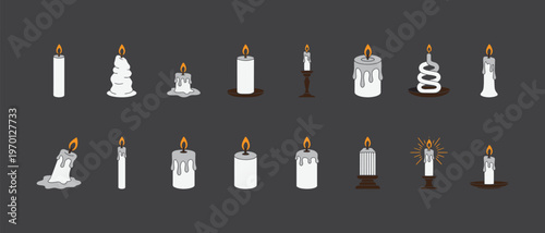 Diverse Burning Candle Vector Icon Set with Melted Wax and Glowing Flames