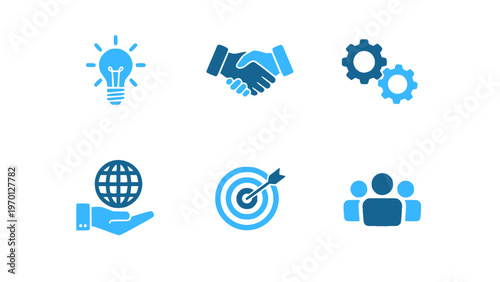 Flat icons showing ideas, planning, and business strategy elements. Ideal for corporate and startup visuals.