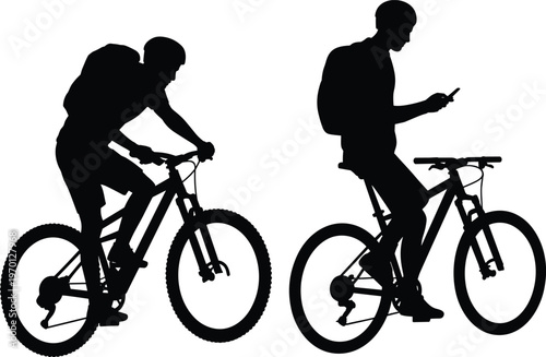 Cyclist riding bicycle silhouettes outdoor activity sport travel lifestyle adventure commuter using smartphone biking illustration concept design