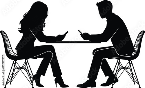 Couple sitting table using smartphones ignoring each other social media addiction communication gap relationship problem modern lifestyle digital distraction concept
