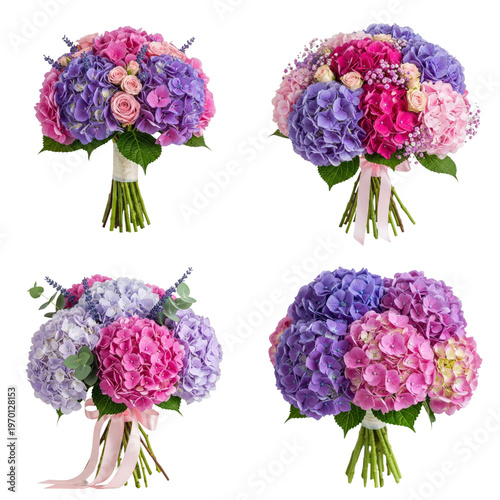 Four bouquets of hydrangeas and roses