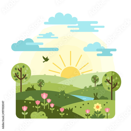 Vibrant flat design illustration of a serene spring landscape with rolling green hills, a rising sun, stylized trees, colorful flowers, a winding river, and small animals.
