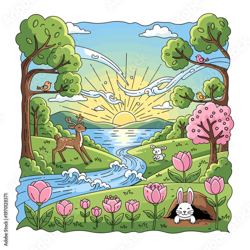 A vibrant cartoon illustration of a serene spring landscape with a rising sun over a river, a deer, rabbits, trees, and blooming flowers.