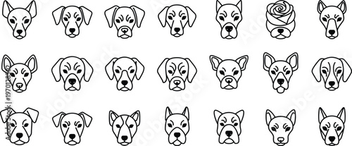 Set of 20 Vector Line Art Dog Heads with Various Breeds and Expressions, Cute and Minimalist Dog Illustrations for Pet Lovers and Animal Designs