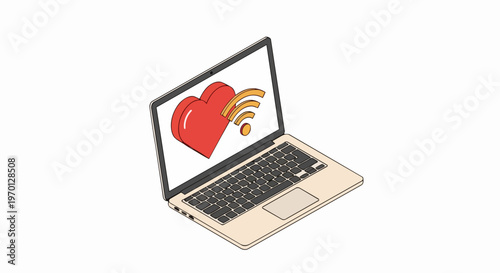 Isometric Laptop Illustration with Red Heart and Wi-Fi Symbol Representing Online Dating, Virtual Love, and Digital Communication Concept