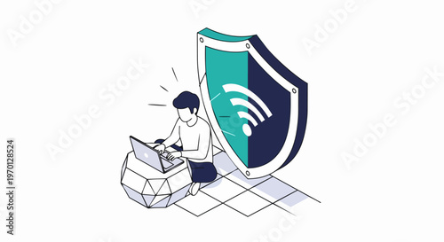 Isometric Illustration of a Man Working on Laptop with a Large Wi-Fi Security Shield for Network Protection and Cyber Security Concept