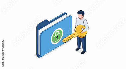 Data Security and Privacy Concept: Man Holding Gold Key to Unlock Secure Digital Folder with Lock Icon. Isometric Illustration for Cyber Protection.