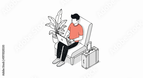 Isometric Illustration of a Digital Nomad Working on a Laptop with a Suitcase, Representing Remote Work and Business Travel Concept