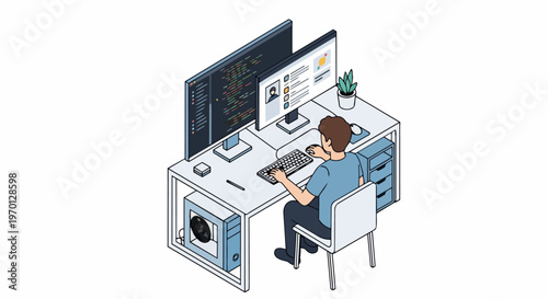 Isometric Software Developer at Minimalist Desk with Dual Monitors for Coding and Web Design
