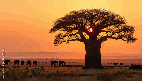 African Savanna Baobab Tree with Elephants at Sunset