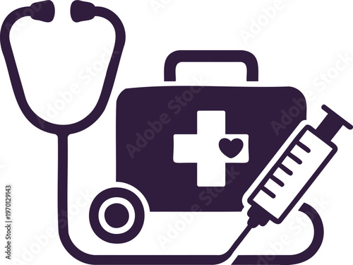 Medical equipment icon set with stethoscope syringe and first aid kit on transparent background