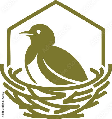 Olive green bird sitting in nest inside hexagon shape  simple illustration