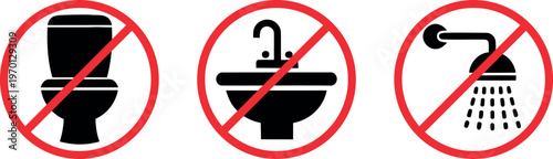 Prohibited actions icons toilet sink and shower clear visual symbols for restricted facilities