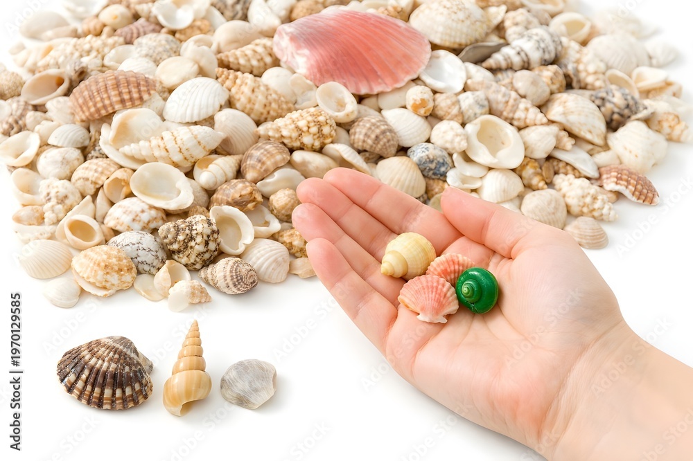 Fototapeta premium A hand holding colorful small seashells against a backdrop of a large pile of varied natural sea shells on a white background.