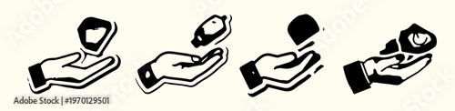 Vector template sticker of a hand throwing garbage in a flat design style with bold lines and minimal shading, featuring a simplified human hand with fingers and thumb, and a generic garbage