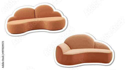 template A cute and cozy single sticker design of a fashionable, curved, cloud-like modular sofa, a major 2026 Milan furniture trend