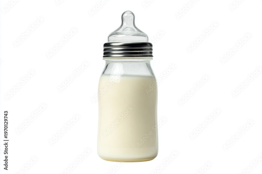 Obraz premium A baby bottle is filled with milk and stands alone without any background. This bottle is used for feeding infants at home during the day