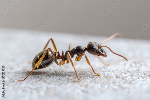 An odorous house ant is moving across a kitchen surface looking for food. This small insect is commonly found in homes, especially in kitchens