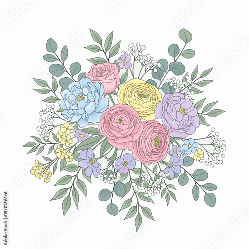 Beautiful pastel floral bouquet illustration with roses, ranunculus, eucalyptus, and delicate filler flowers on a white background.