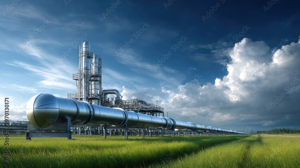 Fototapeta premium A gas pipeline runs through green grass under a blue sky filled with clouds. A compressor station is visible in the background, showing industrial activity in nature